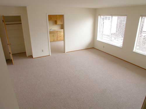 Living room with closet and kitchen view