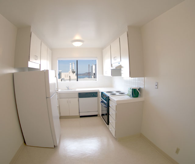 Updated kitchen with view to Bay