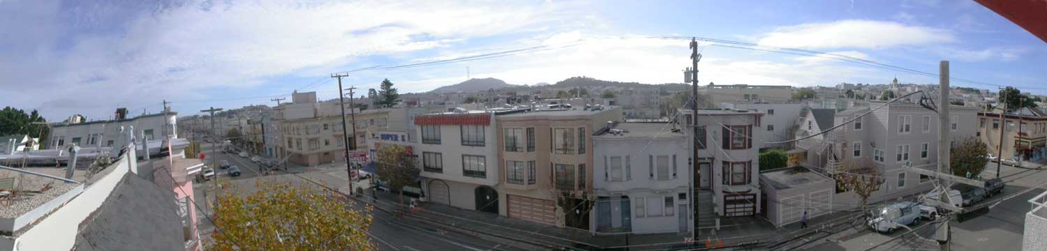 Panoramic view to south from living room and kitchen