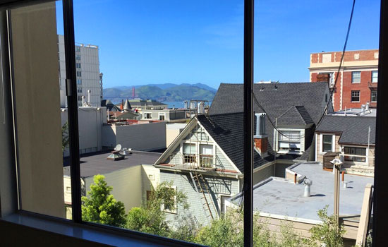 Living room view of Golden Gate Bridge and Marin Headlands