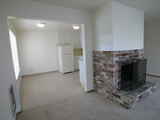 Photo of Kitchen, dining area and fireplace