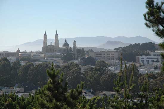 Telephoto view across Panhandle to St. Ignatius Church and Mt. Tamalpais